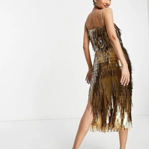 ASOS- Sold Out- Shard Detail Gold Metallic Midi Dress - Picture 3 of 8